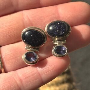 Vintage Sterling Silver Purple Goldstone & amethyst Drop Earrings